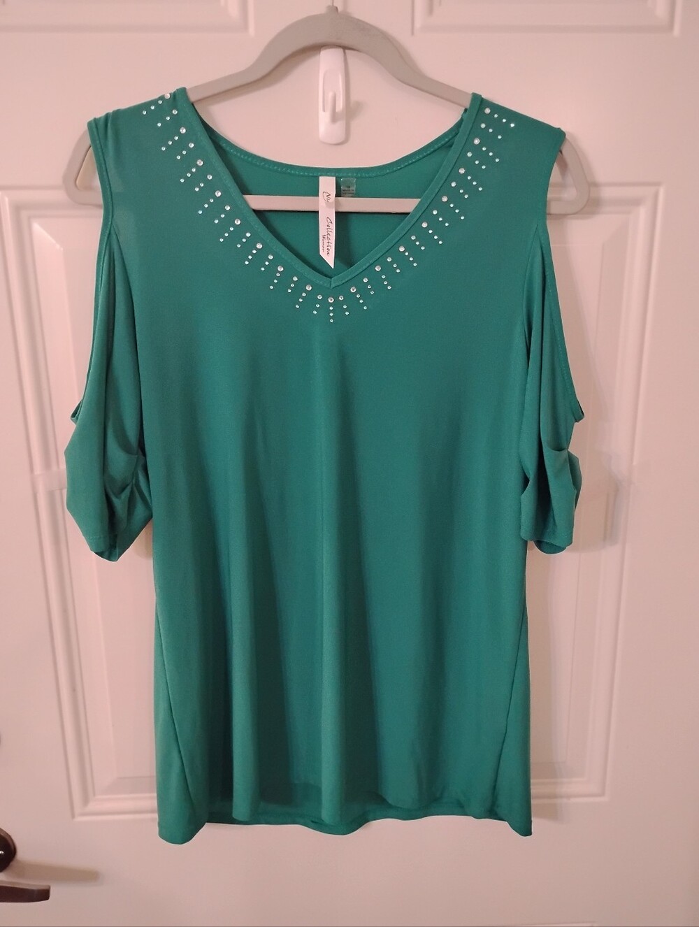 NY Collection Women Teal Cold-Shoulder V-Neck Top with Stud Embellishment